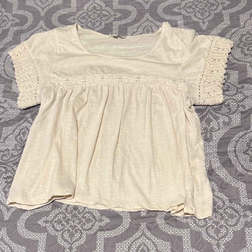 Lucky Brand Cream Crochet-Sleeve Babydoll Tunic